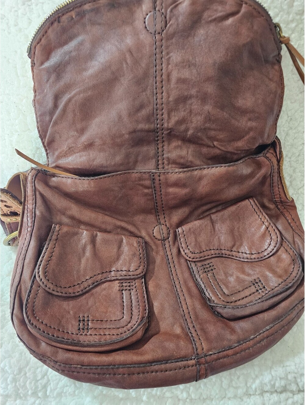 Lucky Brand Stash Fold Over Purse Hobo Bag Vintage Brown Lambskin Leather Boho - Picture 12 of 16